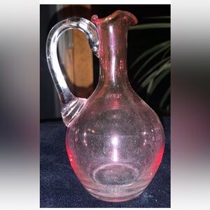 Vintage Art Glass 5 3/4” Pink Decanter/Pitcher Clear‎ Handle